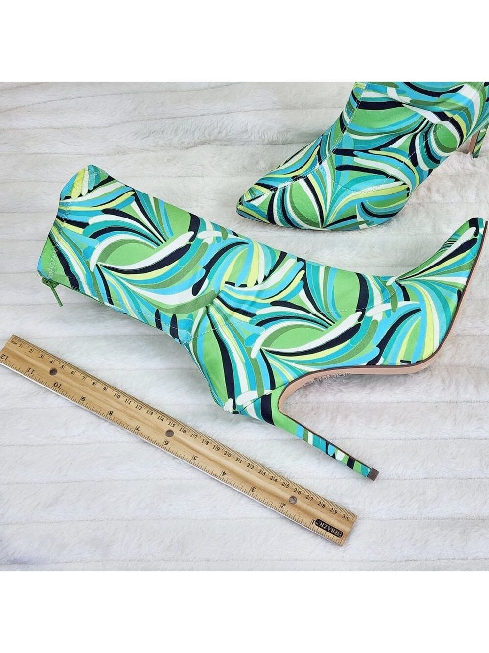 Odin Crazy Wild Color Pattern High Heel Stretch Fabric Ankle Boots - Green Blue - Picture 15 of 15